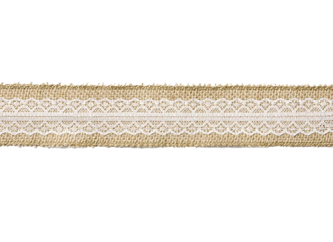 party-deco TJ4-5 - Decorative Jute Ribbon with White Lace 5 cm x 5 m