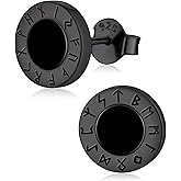 ChicSilver 925 Sterling Silver Viking Rune Natural Black Onyx Stud Earrings For Women Men