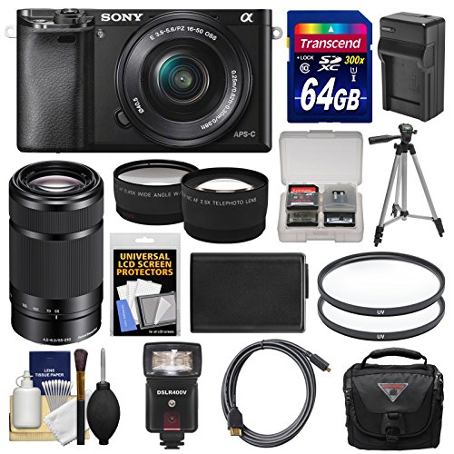 Sony-Alpha-A6000-Wi-Fi-Digital-Camera-16-50mm-55-210mm-Lens-with-64GB-Card-Case-Flash-BatteryCharger-Tripod-Kit