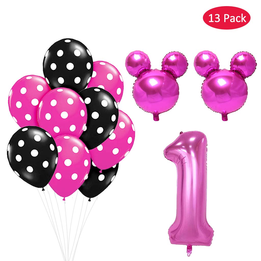Amycute 13 Pcs Globos De Cumpleanos 1 Ano De Mickey Minnie Decoracion Fiesta De Cumpleanos Fiesta De Mickey Minnie 1 Globo De Papel De Aluminio Y Globo De Latex Negro Rosa Para