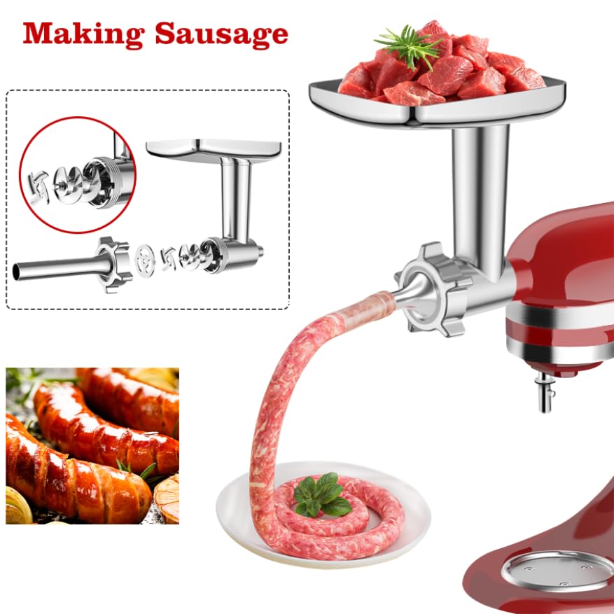 Metal Food Grinder Attachment for KitchenAid Stand Mixers,Meat Grinder Attachments Included 2 Sausage Stuffer Tubes,Burger Press,Sausage Maker Kubbe Kit Perfect for Home Kitchen Use by Airpro