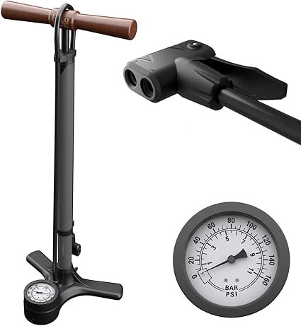 hilo sports luftpumpe fahrrad alle ventile mit dual kopf 11 bar 160 psi manometer fahrradpumpe standpumpe fahrrad mit holz griff pumpe fahrrad metallic grau amazon de sport freizeit