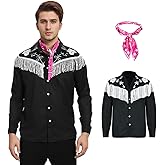 KBJALQ Cowboy Costume Adult Men with Scarf,Western Long Sleeve Fringe Shirt Outfits for Halloween Party Cosplay