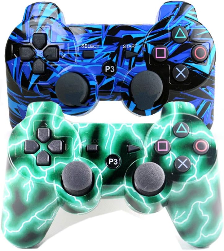 [2 Pack] Remote Bluetooth Controller for Playstation 3, Wireless Sixaxis Double Vibration Gamepad for PS3 (Include USB Charging Cable (Blue + Green): Computers & Accessories
