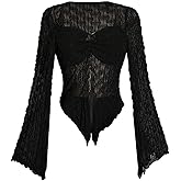 BEAUDRM Women's Plus Size Sheer Mesh T Shirt Y2k Bell Long Sleeve Asymmetrical Fitted Going Out Tops