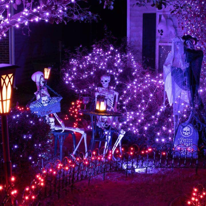 KAQ- 82FT 200LED Extendable Purple Halloween Tree Lights Indoor/Outdoor, Waterproof 8 Modes Green Wire Christmas Lights, Plug in Fairy Starry Tree Lights for Party Garden Decorations (Purple)