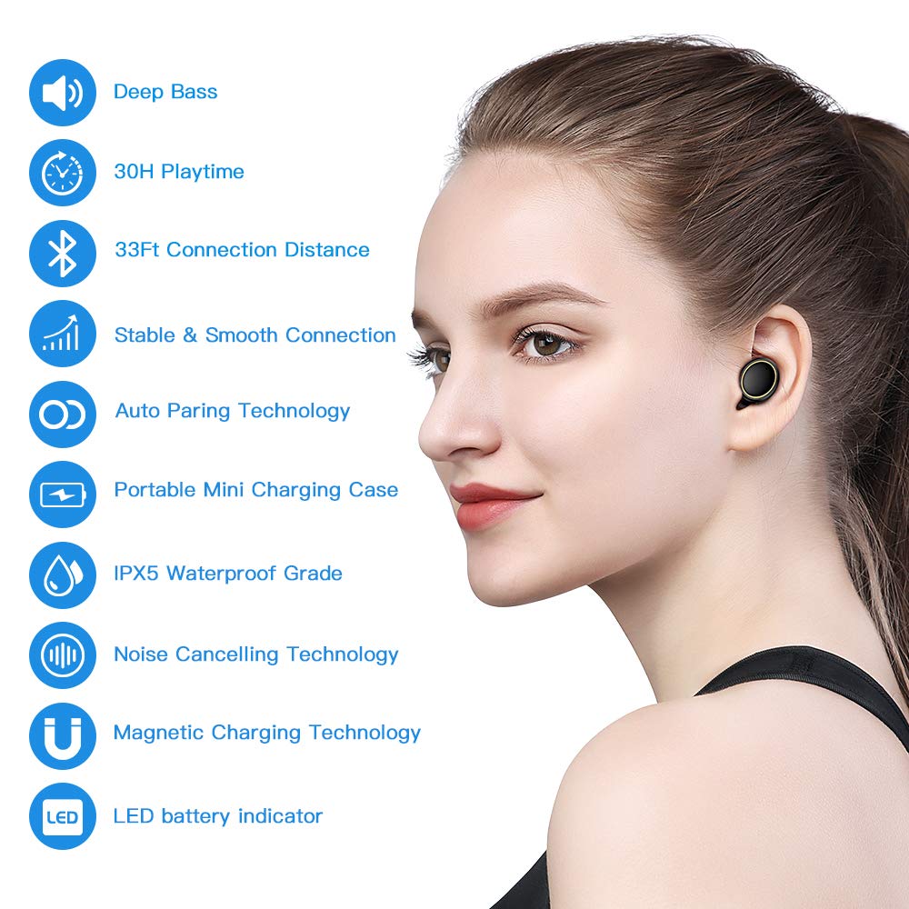 JOYROOM Truly Wireless Earbuds, 30H Playtime TWS Stereo Mini Wireless Bluetooth Headphones with Microphone, IPX5 Sweatproof, Easy Pair Earbuds with Portable Charging Case (Black)