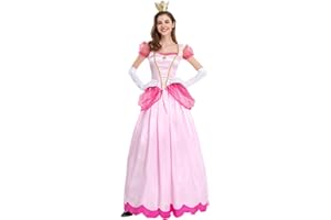 AFAVOM Princess Peach Costume with Crown and Gloves for Adult Women Halloween Birthday Party Dress up Fancy Cosplay Outfit