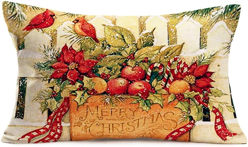 Hopyeer Cotton Linen Pillow Covers Vintage Merry Christmas Winter Red Cardinal Birds Fence Apples Fruit with Leaves Mistletoe Red Ribbon Throw Pillow Case Decor Home Office 12