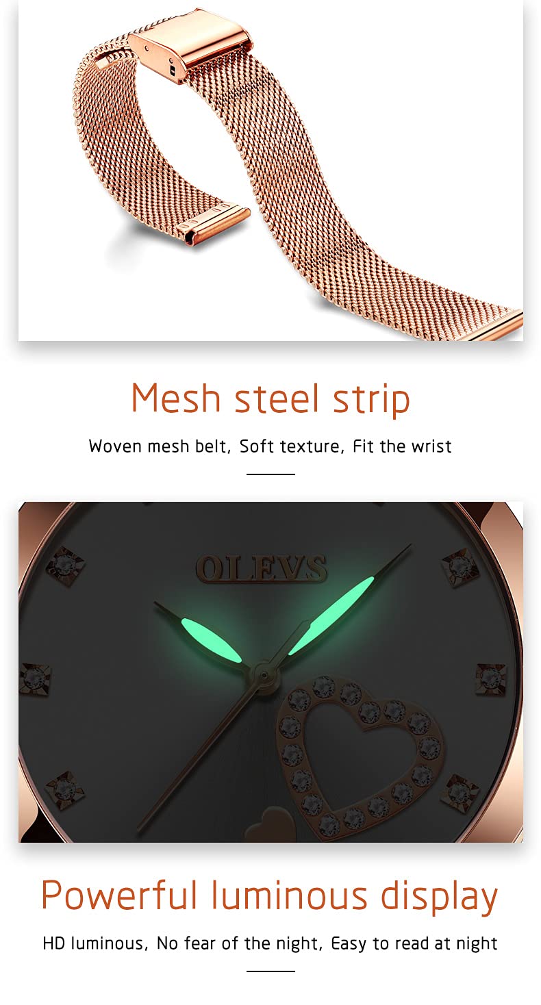 OLEVS Women's Rose Gold Watches Heart Diamond Japanese Quartz Movement Ladies Wristwatch Big Face Waterproof Mesh Belt Watch and Bracelet Set, Rose gold band and White dial, casual watch for women