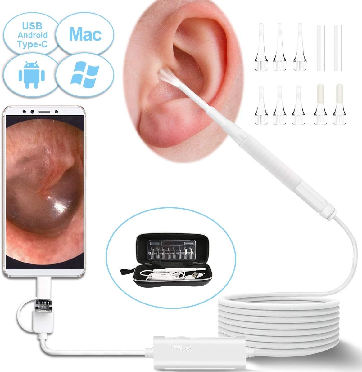 USB Otoscope, 3.9mm Ultra-thin Digital Otoscope Camera, 720P Ear Inspection Endoscope Visual Ear Cleaner Scope with Ear Wax Remover Cleaning Tool and 6 Adjustable LED Light for Android, Windows, Mac