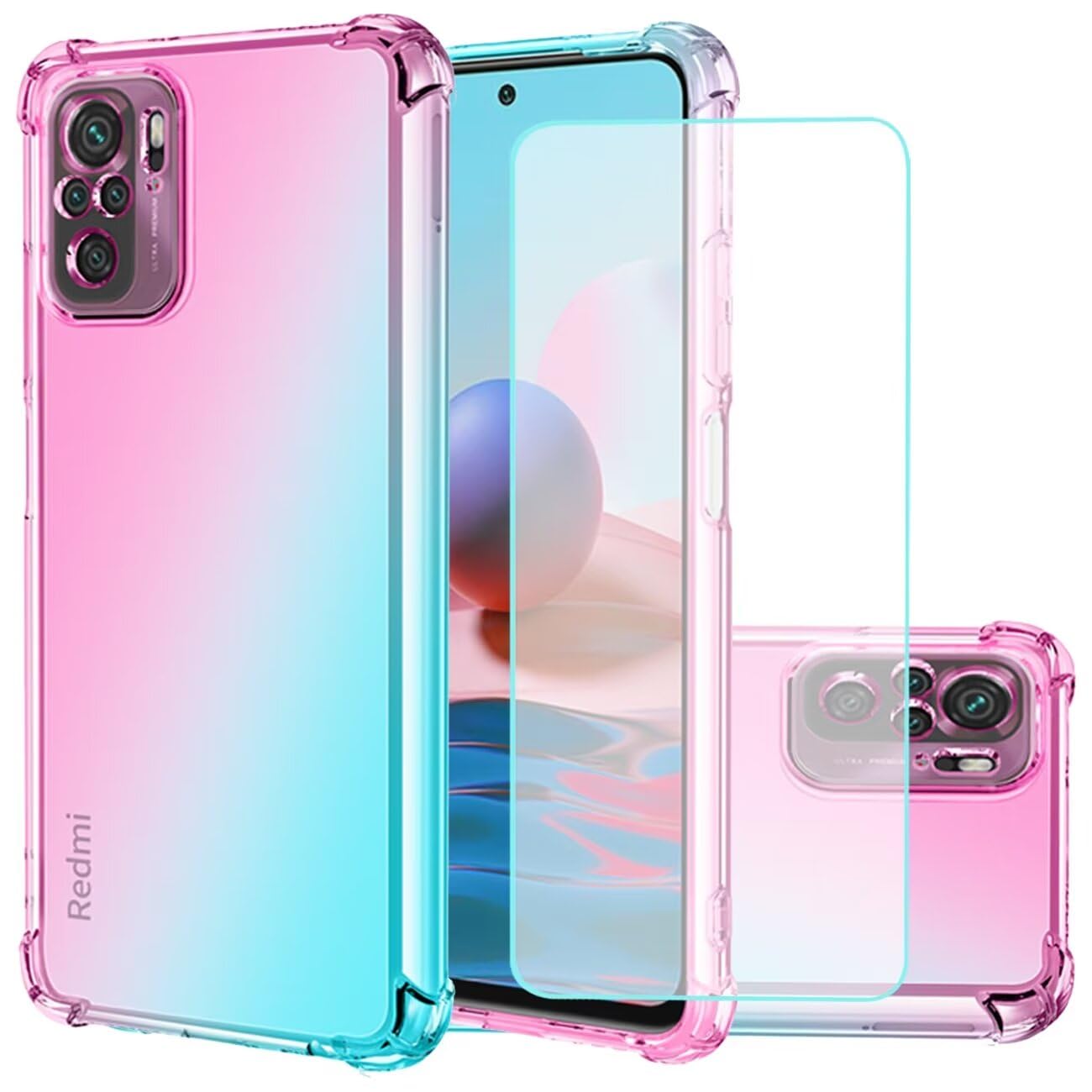 Jhxtech for Redmi Note 10 5G/Redmi 10T 5G/Poco M3 Pro 5G Case with Tempered Glass Screen Protector, Clear Gradient Case TPU Cover Protective Case for Xiaomi Redmi Note 10 5G (Pink/Green)