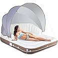 GYMAX Canopy Floating Island, 2-3 Person 441lbs Inflatable Lake Floats with UPF50 Retractable Sunshade, Built-in Cup Holder & Grabbing Ropes, Giant Lounge Raft for Indoor, Poolside, River and Beach