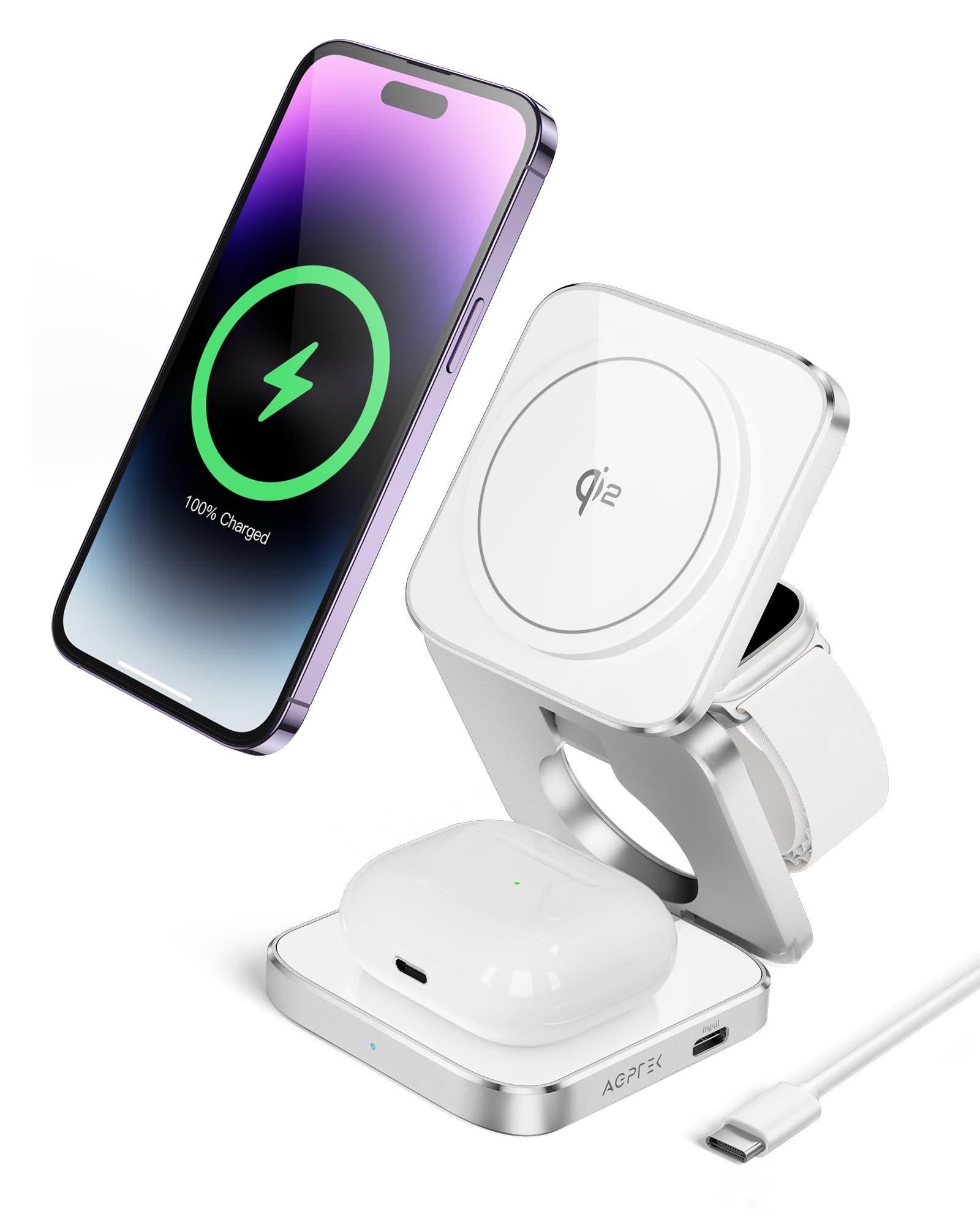 AGPTEK 3 in 1 Wireless Charging Station, Fast Qi2 Magnetic Wireless Charger, 15W Mag-Safe Travel Charger Compatible with iPhone 16/15/14/13/12, for Apple Watch 2-9/Airpod, Carrying Case 30W Adapter