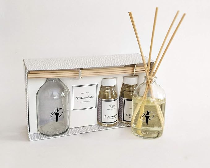 Maxime Candles Glass Bottle Reed Diffuser with Aroma Oil (4.5 cm x 4.5 cm x 20 cm, Clear, MR188/GR1/Rose)