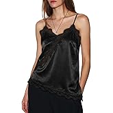 Cicy Bell Women Summer Satin Cami Tops Spaghetti Strap Lace V Neck Cute Camisole Party Pajamas Asymmetrical Hem Tank Tops