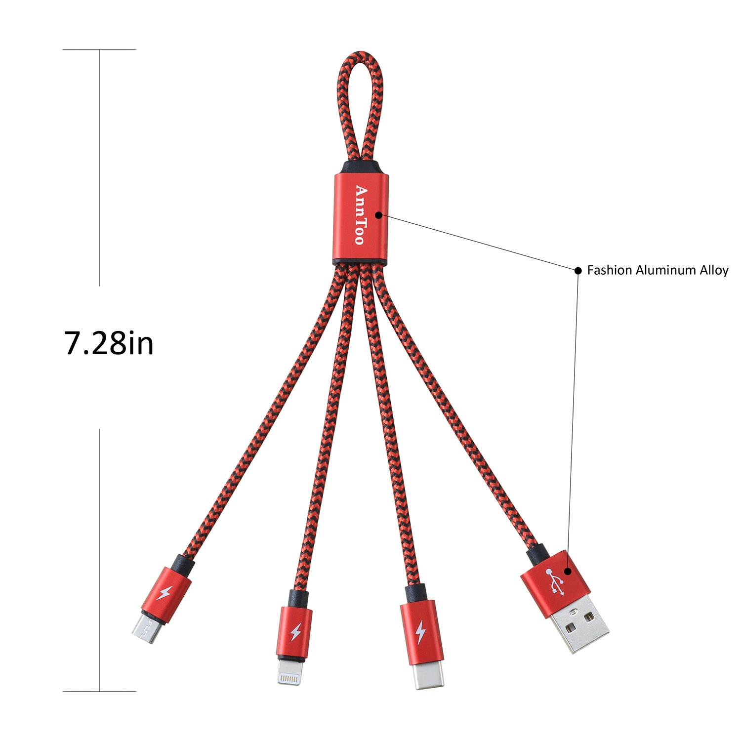 Multi USB Charger AnnToo Multi USB Cable 0.6 FT 3 in 1 Nylon Braided Multiple USB Charging Cables for iPhone iPad Android etc Smartphones with Type C Connector - Red [Only Charging]