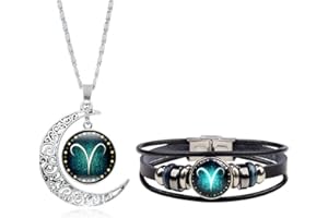 Dcfywl731 Zodiac Necklace Bracelet Set for Men Gifts 12 Constellation Necklace Bracelet Weave Multilayer Leather Bracelet and Moon Pendant Necklace Christmas Jewelry Set for Women Girls Christmas Gifts