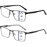 JM Progressive Multifocus Reading Glasses Men, Blue Light Blocking Readers No Line Metal Eyeglasses with Spring Hinge 2 Pack