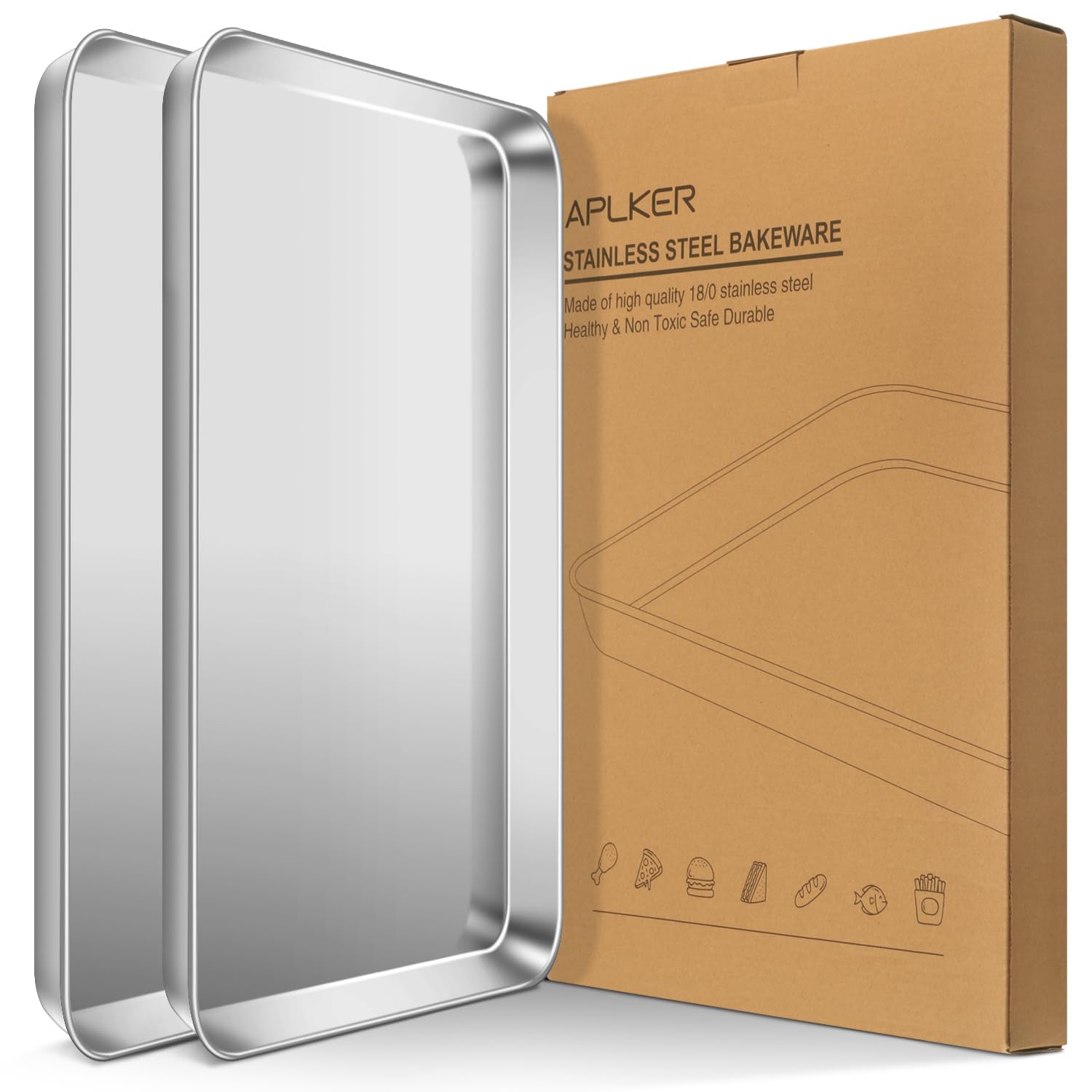 APLKER Baking Trays Set of 2, Stainless Steel Oven Trays Non-Stick Professional Baking Sheets Cookie Sheets, Non Toxic & Mirror Finish, Dishwasher Safe, 16 x 12 x 1 inch