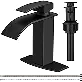 BESy Black Waterfall Bathroom Faucet, Single Hole 1 Hole 3 Holes Single Handle Bathroom Sink Faucet, Vanity Faucet with 6 Inch Deck Plate, cUPC Waterlines, Matte Black with Pop Up Drain