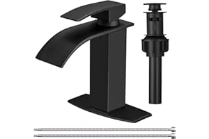 BESy Black Waterfall Bathroom Faucet, Single Hole 1 Hole 3 Holes Single Handle Bathroom Sink Faucet, Vanity Faucet with 6 Inch Deck Plate, cUPC Waterlines, Matte Black with Pop Up Drain