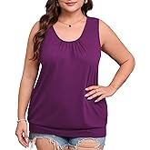 CARROTMOB Women's Plus Size Summer Tank Tops Loose Fit Pleated Crew Neck Sleeveless Tops with Banded Bottom for Curvy Women