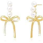 Sonateomber Gold Silver Pearl Bow Stud Earrings for Women, Dainty Cute Sparkly Cubic Zirconia Rhinestone Tassel Ribbon Bowknot Earings Prom Wedding Accessories Fashion Jewelry Gift
