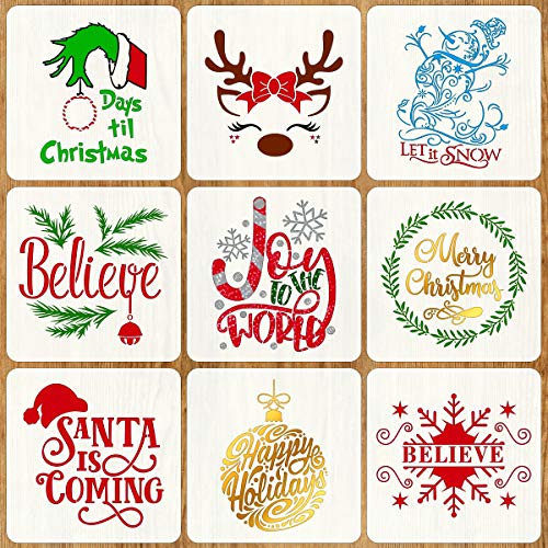 9 PCS Christmas Stencils for Painting on Wood 12 Inches Reusable Floor Tile Stencil for Christmas Decor Fabric Canvas Wall Painting Templates