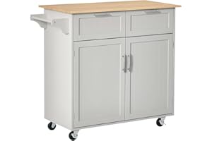 HOMCOM 41" Kitchen Island with Storage and Solid Wood Top, Rolling Kitchen Cart on Wheels with 2 Storage Drawers, 2 Doors and