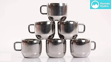 Human Hydro Royal Steel Double Walled Tea Cups/Coffee Cups Set of 6 Pieces, Silver