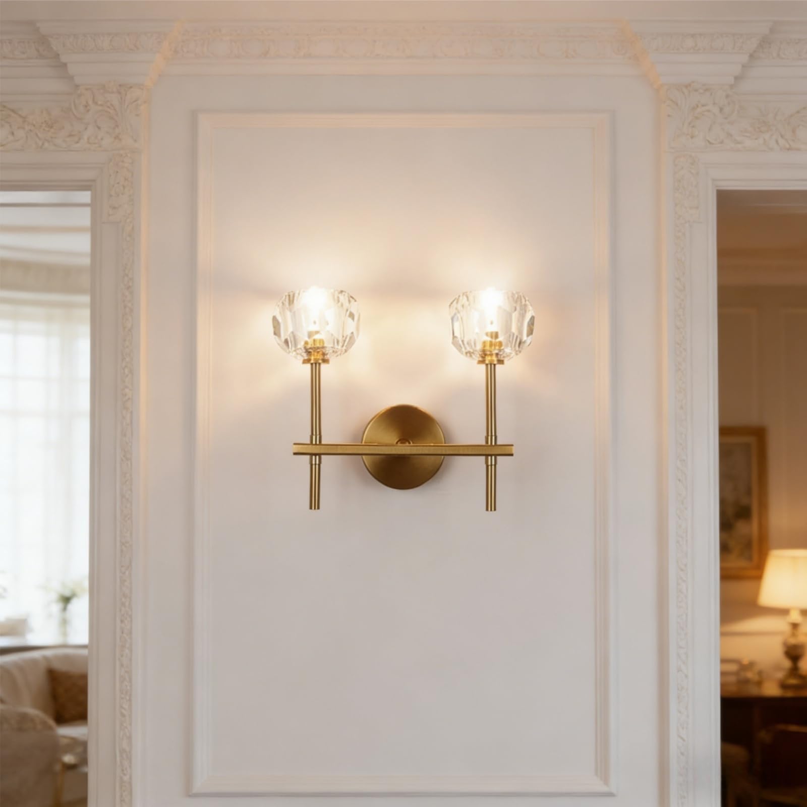 CRFASIBE Crystal Wall Lights, G9 Art Decor Wall Lamp, Indoor Antique Brass Crystal Lighting Fixtures for Living Room, Bedroom, Hotel, Cafe (2 Light, ⌀12cm)