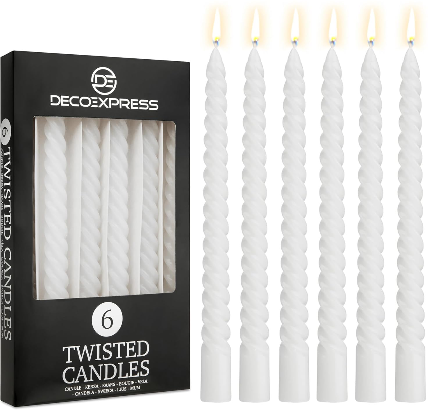 DECO EXPRESS Candles, Pack of 6 Dinner Candles, Non Drip Twisted & Non Scented, Long 6 Hours Burning Time, Cosy Home Decor, Valentine’s Day & Mother’s Day Gifts (White, Pack of 6)