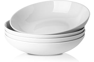 Poitonru White Pasta Bowls Set: 32 oz Ceramic Serving Bowls - Dishwasher & Microwave Safe - 8.5 inch Wide & Shallow Dinner Bo