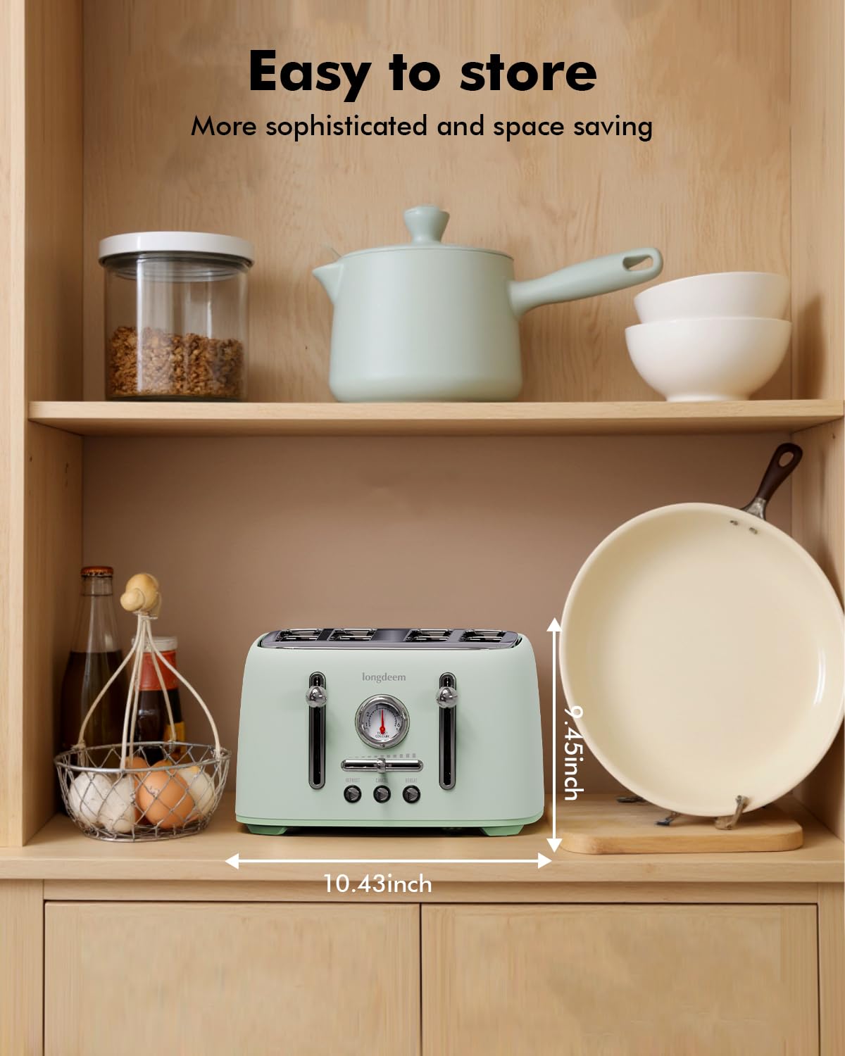 LONGDEEM Tostadora retro de 4 rebanadas con ranuras de 1.6" de ancho - 6 configuraciones de tostadas con función de bagel, cuerpo de acero inoxidable, botón de descongelación/cancelación y bandeja para migas, verde vintage