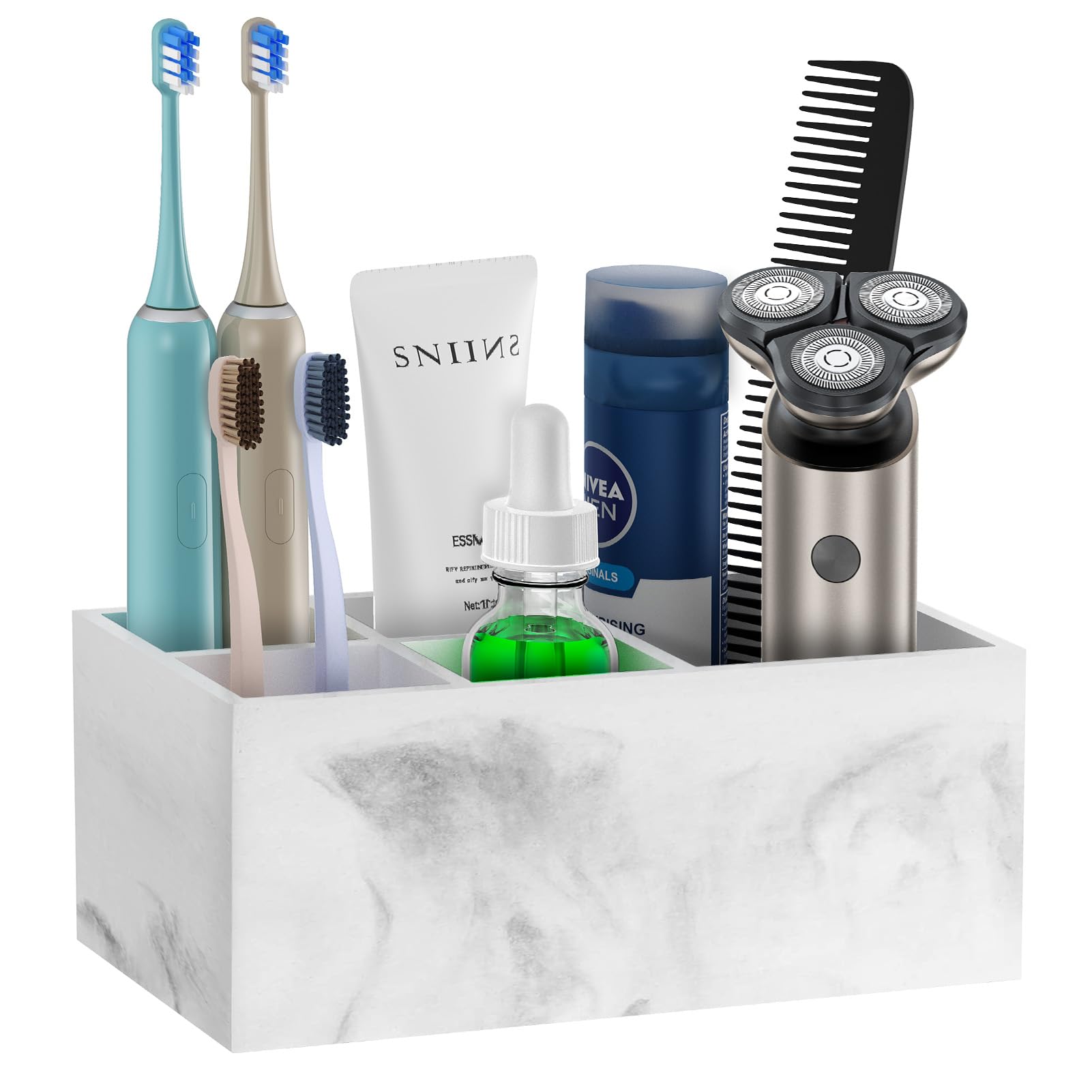 PENGARO Electric Toothbrush Holder, 5 Slots Sonic Toothbrush Holders with Drain Hole Marble Bathroom Organizer Countertop Vanity Storage for Toothpaste Sink Bathroom Accessories, Gravel White