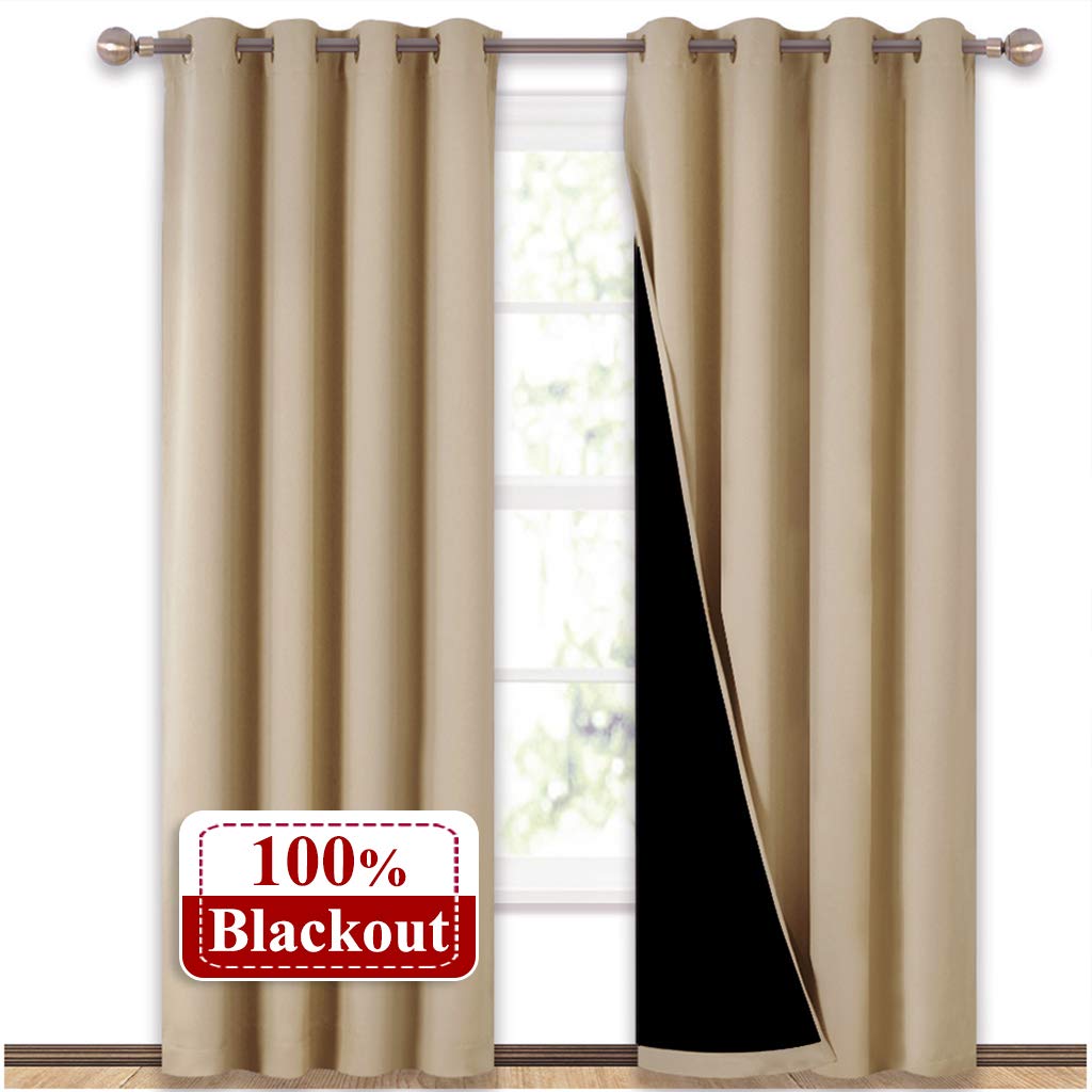 NICETOWN Living Room Completely Shaded Draperies, Privacy Protection & Noise Reducing Ring Top Drapes, Black Lined Insulated Window Treatment Curtain Panels(Biscotti Beige, 2 Pieces, W52 x L84)