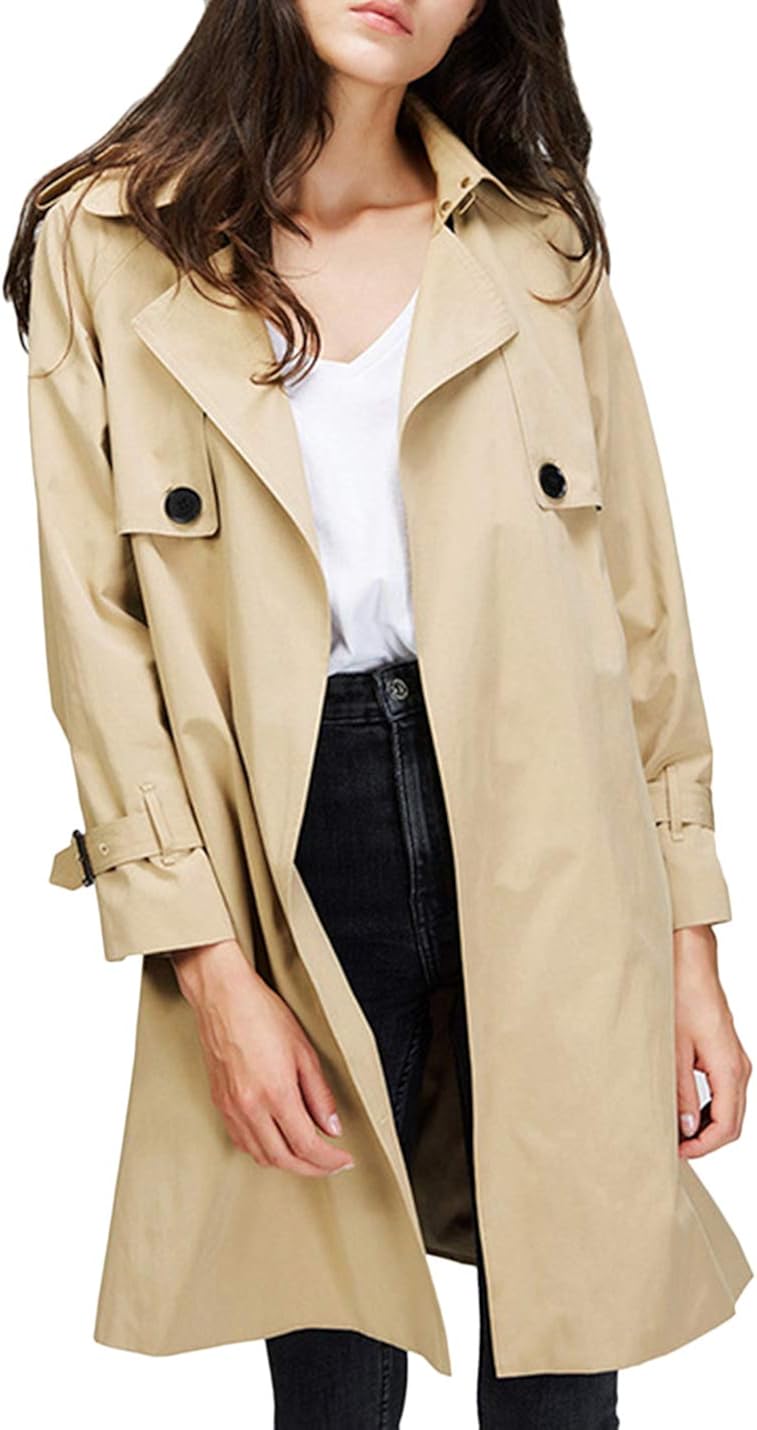 Yeokou Women's Classic Casual Open Front Mid Long Trench Coat