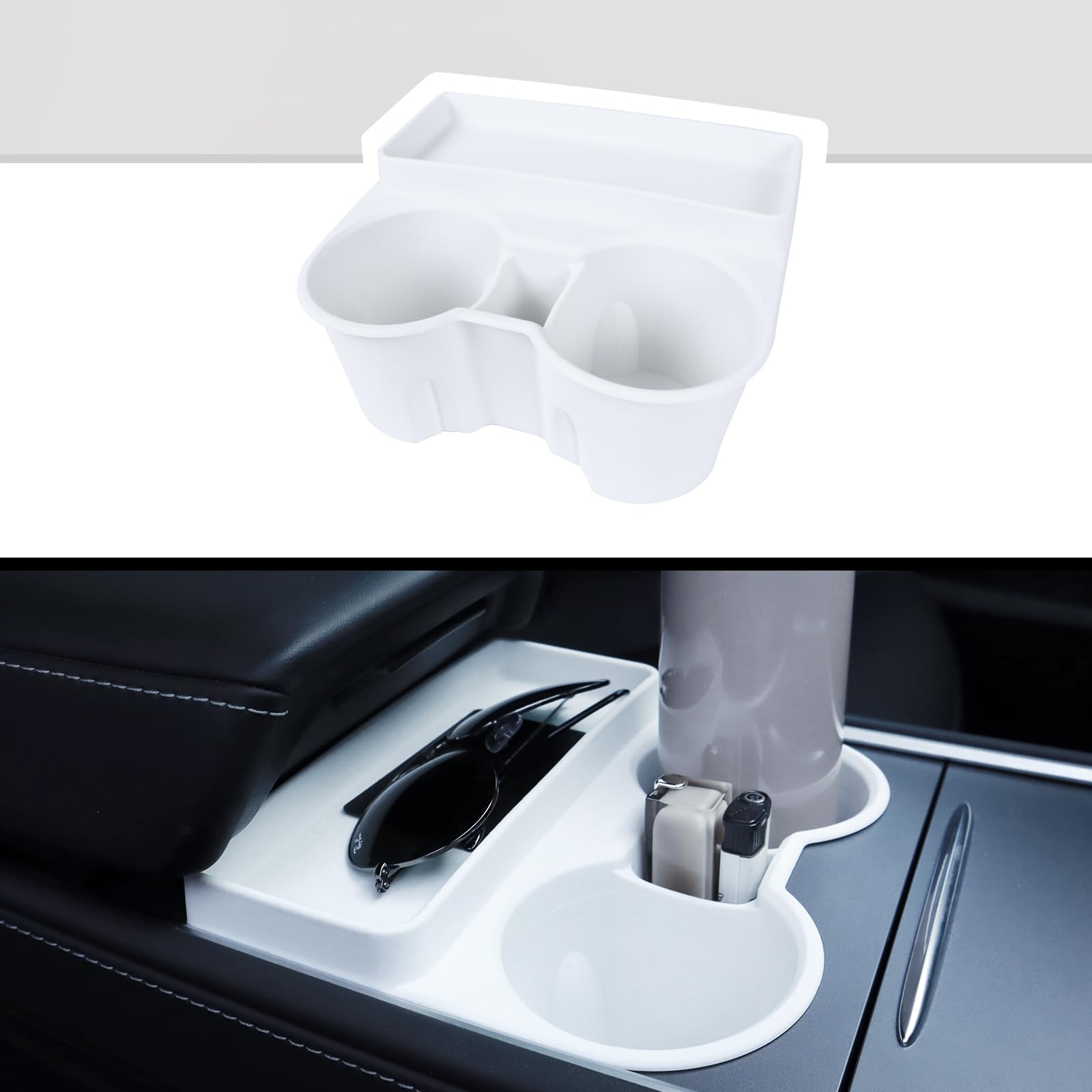 Photo 1 of Rislobx for Tesla Model 3 Model Y Cup Holder Insert Center Console Water Cup Limit Clamp, Under Armrest Box Storage Tray Key Card Sunglasses Holder for Tesla Accessories (White)