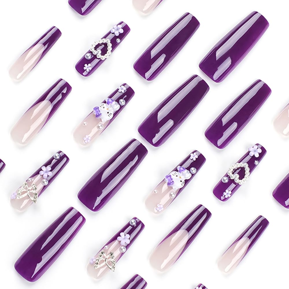 24Pcs Purple Coffin Nails Press on Nails 3D Flowers Pearl Butterfly Nail Charms Design Fake Nails with Glue Purple Acrylic Nails Supply 3D Flowers Full Cover False Nails for Women and Girls - Image 4