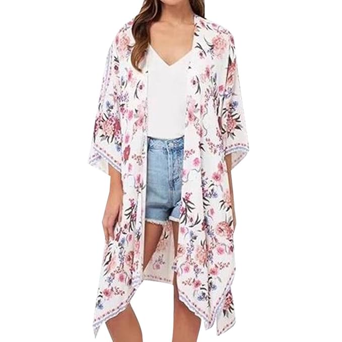 Tshirt Oberteile Damen Elegant Sommer Kurzarm Kimono Cover Lange Bluse Tops Anzug Bikini Bademode Strand Badeanzug Kittel