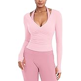 YEOREO Minniy Women Workout Wrap Top Long Sleeve with Thumb Holes V Neck Basic Shirts for Yoga Pilates Going Out Shrug Blouse