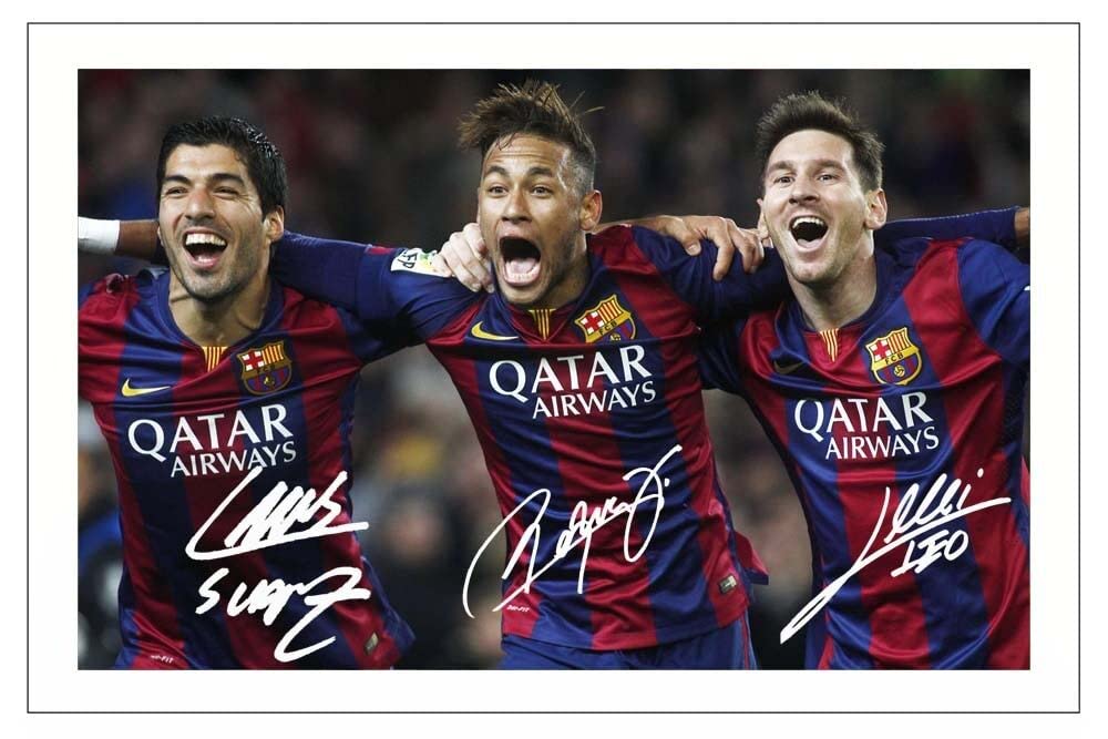 Luis Suarez, Neymar & Lionel Messi Signed 12x8 Inch Photo Print With Pre Printed Signature Barcelona Soccer Autograph Gift