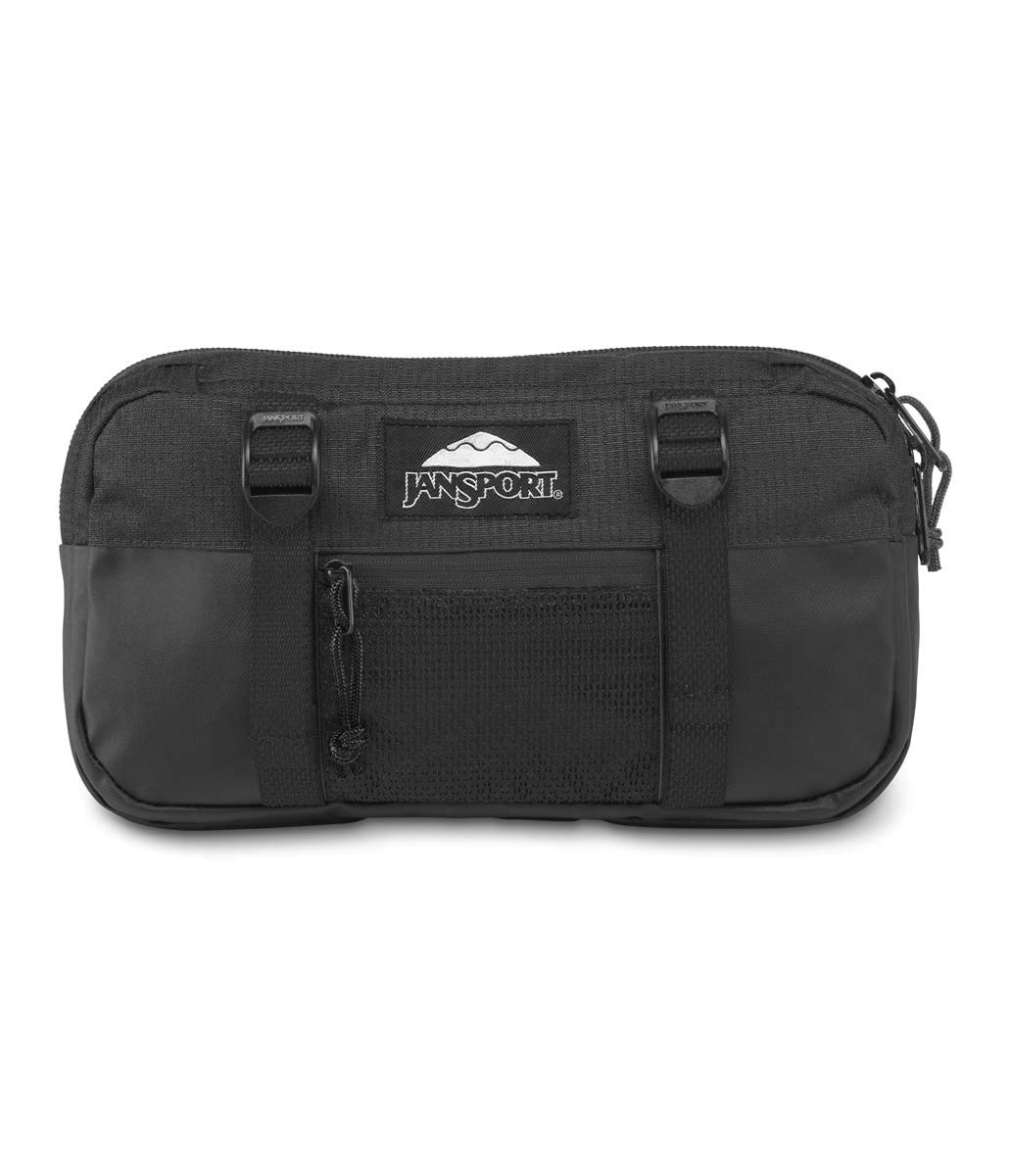 JanSport Way Out Plus Waistpack - Black - Mesh Organiser Pockets & Front Lashing Straps - 26 x 13.5 x 5.5 cm