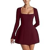 YMDUCH Women's Sexy Long Sleeve Square Neck A-Line Mini Club Prom Dress