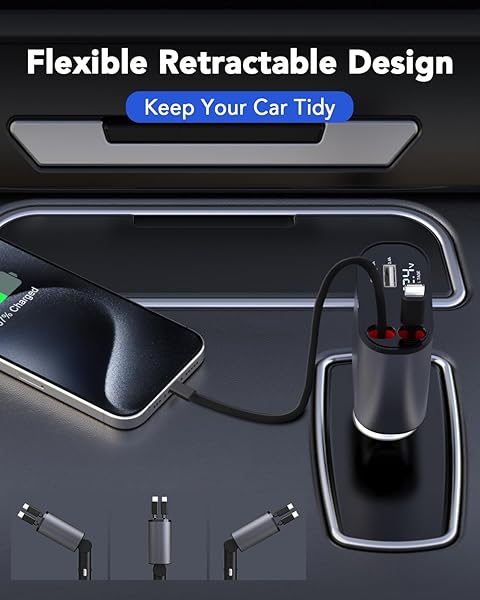 RETRACTABLE CAR CHARGER, 4 IN 1 FAST CAR PHONE CHARGER 66W, 2 RETRACTABLE CABLES AND USB CHARGING, FATHERS DAY FOR GIFTS DAD COMPATIBLE WITH IPHONE 14/13/12/11,USB PORT FOR GALAXY S25/S24/S23,PIXEL
