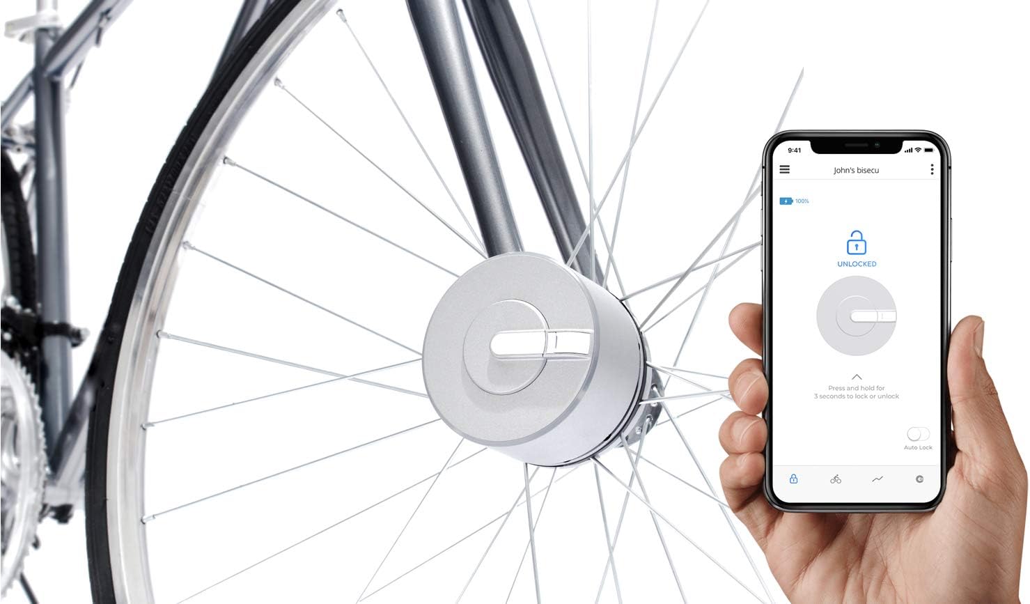 BISECU Smart Bike Lock | Lock/Unlock with App, Theft Alarm, Riding Data Analysis (Silver)