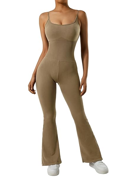 MOOSLOVER WOMEN RIBBED ONE PIECE FLARE JUMPSUITS SLEEVELESS SQUARE NECK TANK TOPS ROMPERS(XL,COFFEE)