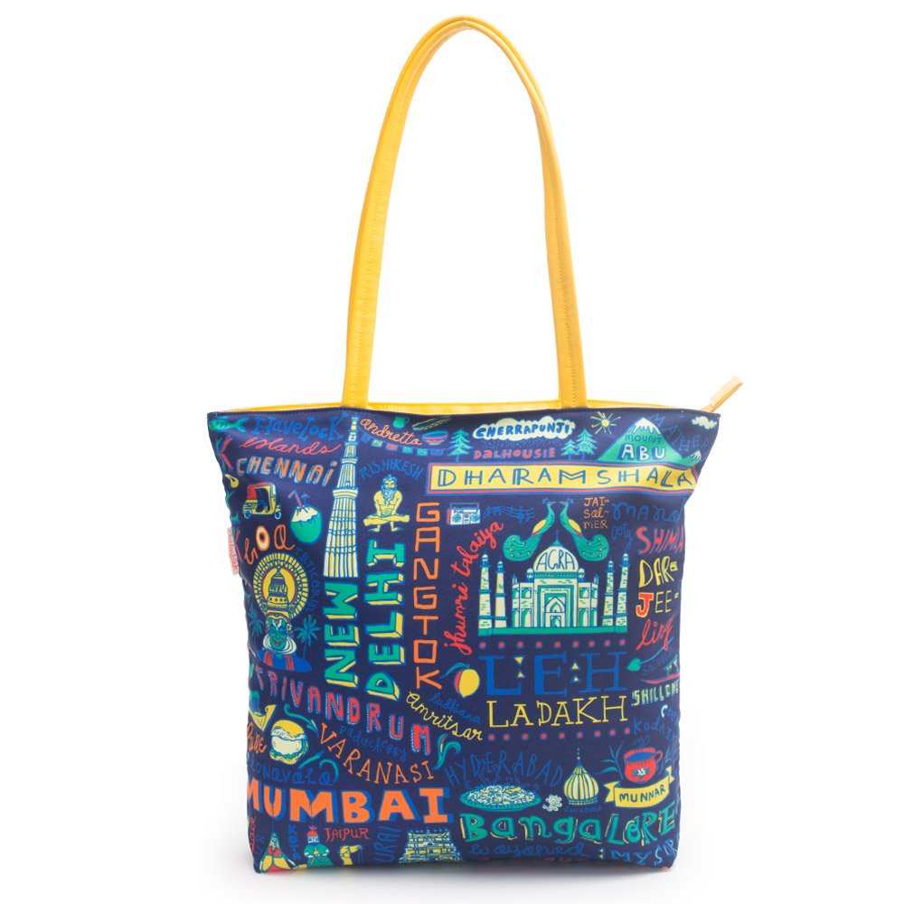 chumbak travel diaries women's polyester navy blue tote bag