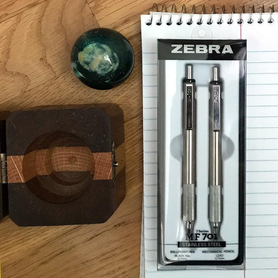Zebra Pen M/F 701 Stainless Steel Mechanical Pencil and Ballpoint Pen Set, Fine Point, HB Lead and Black Ink, 2-Pack Gift Set (10519)